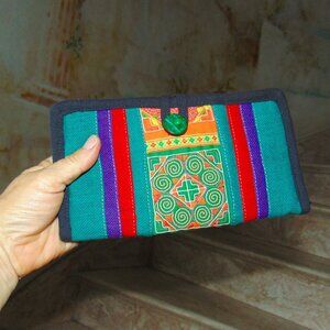 Handmade Colorful Wallet Guatemalan Aztec Stripe Embroidery Fabric Boho Festival